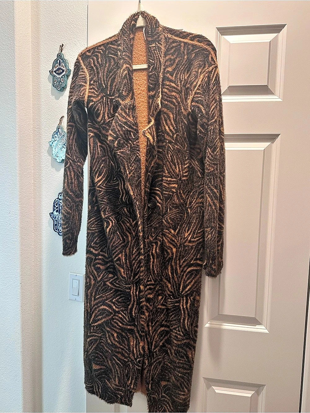 Free People- Animal Print Long Cardigan in Brown & Black